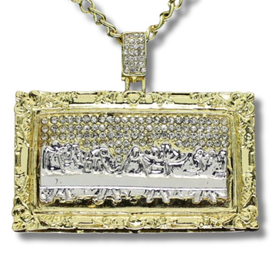 Two Tone XL Last Supper CZ Pendant 14k Gold Plated 24'' Rope Hip Hop Necklace