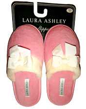 LAURA ASHLEY Flat Plush Slippers Pink White Bow Size S 5-6 