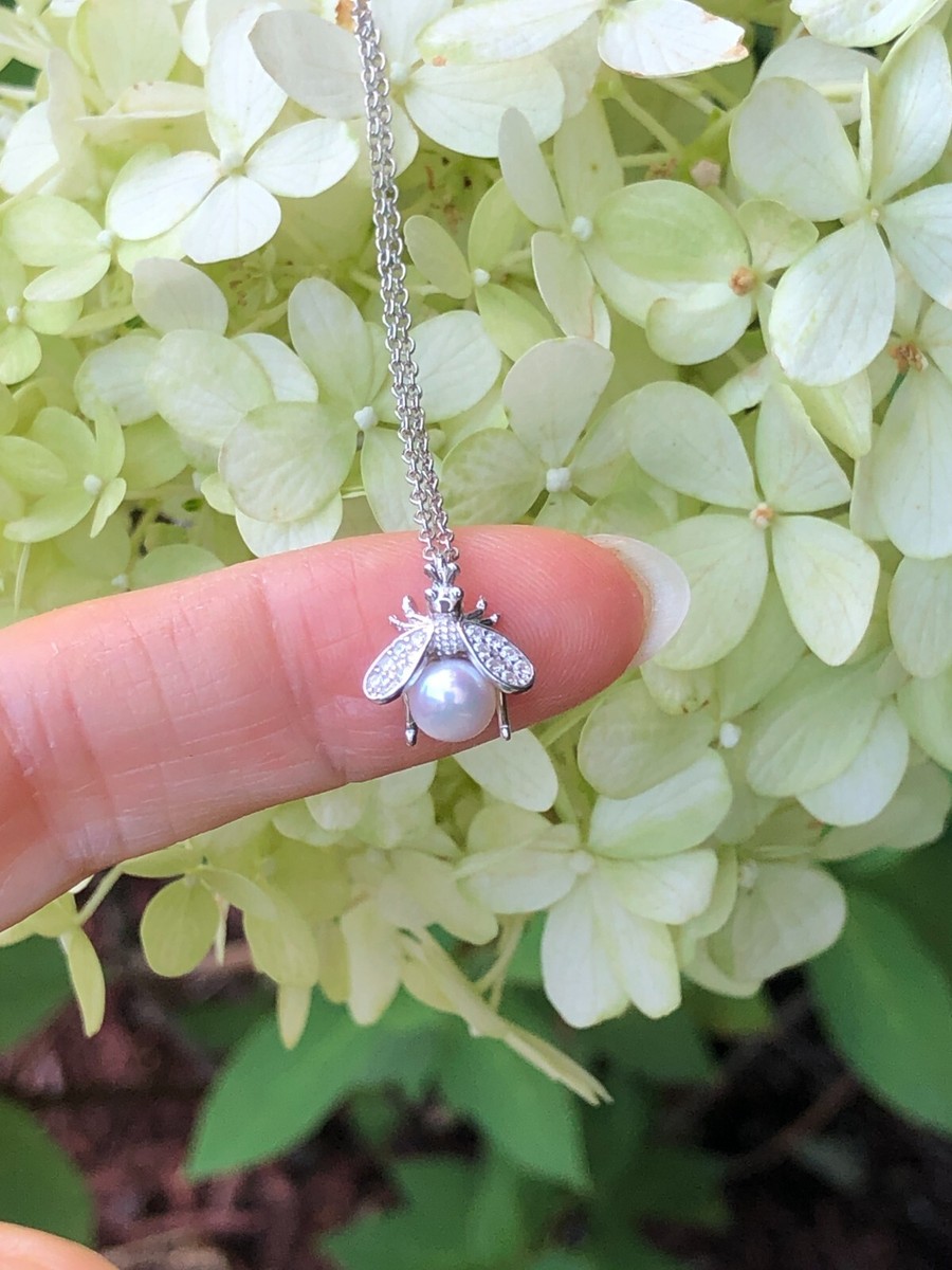 Tiny Cz Pearl Bumble Bee Pendant Necklace 925 Sterling Silver Charm 11mm 