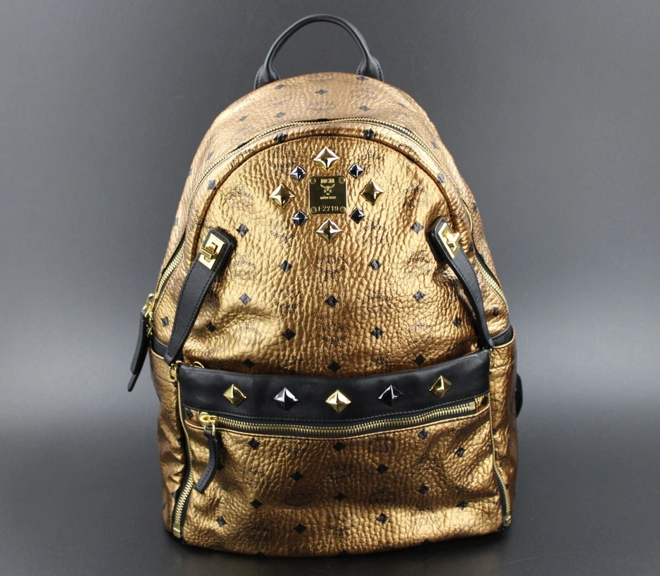 MCM Rucksack Tasche gold metallic schwarz grau Nieten UNISEX LARGE - Bild 4 von 4