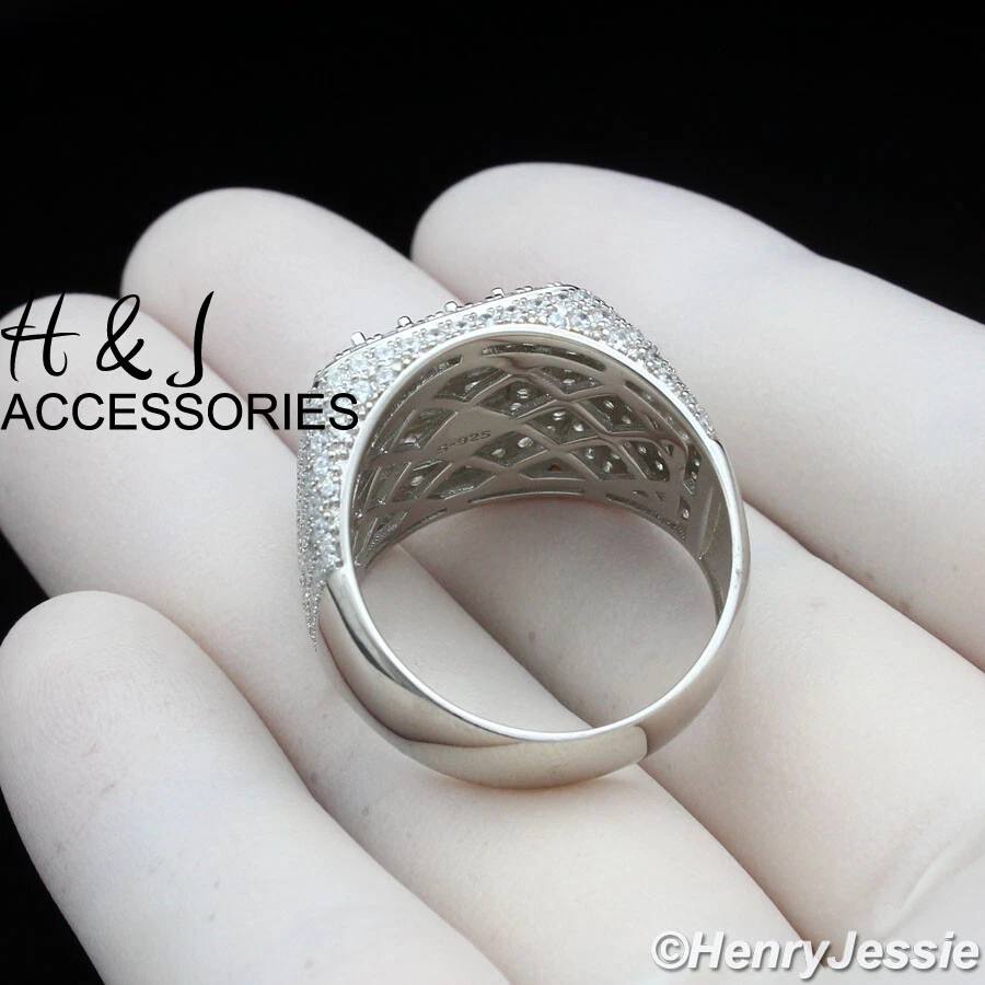 МУЖСКИЕ ТВЕРДОЕ СЕРЕБРО 925 ПРОБЫ ЛЕДЯНОЙ БЛЕСТЯЩИЙ БАГЕТ CZ ХИП-ХОП 3D КВАДРАТНОЕ КОЛЬЦО * SR190 - Изображение 3 из 4