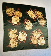 Vintage Green Gold Brown Chrysanthemum Flower Square Scarf Pre-owned