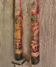 Northwest Coast Antique Model Totem Pole Pair Tlingit Carvings Chief Kahl Teen