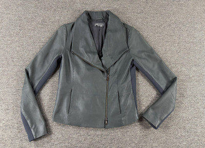 Vince Jacket Womens Small Gray Goat Leather Moto Asym Zip Knit Panels Stretch