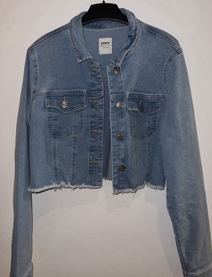 Only Denim Damen Jeansjacke kurz/cropped blau Gr. L mit Knöpfen, Fransen