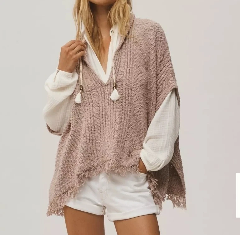 By Anthropologie Hooded Poncho Sweater Blush Pink Boho Oversized Cozy Minimalist