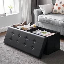 SONGMICS 43" Folding Storage Ottoman Bench 660lb Capacity Faux Leather Footrest