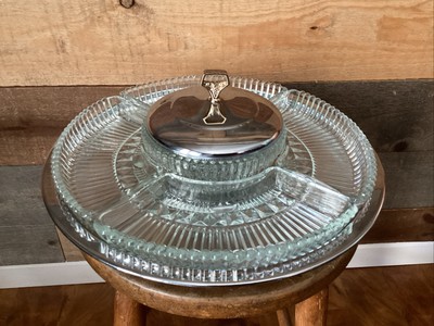 Vtg Kromex silvertone & glass 7 pc. veggie/relish/candy serving lazy susan