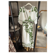 Farm Rio Green White Floral EcoVero Midi Dress XL Balloon Sleeve V-Neck