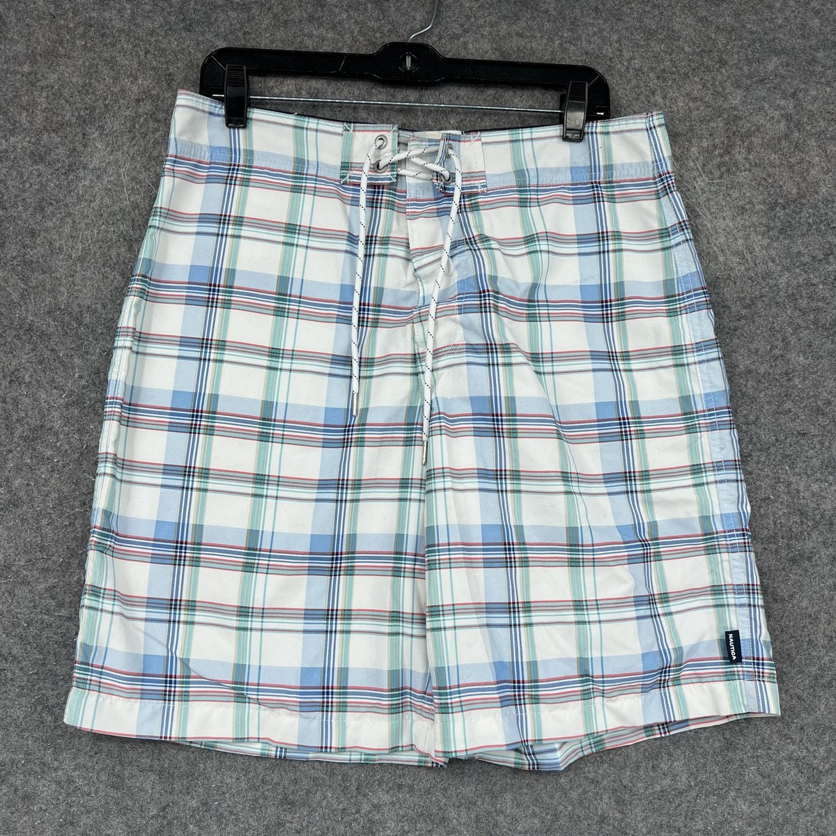 Nautica Shorts Mens 32 White Plaid Swim Trunks Lined Drawstring Board Shorts