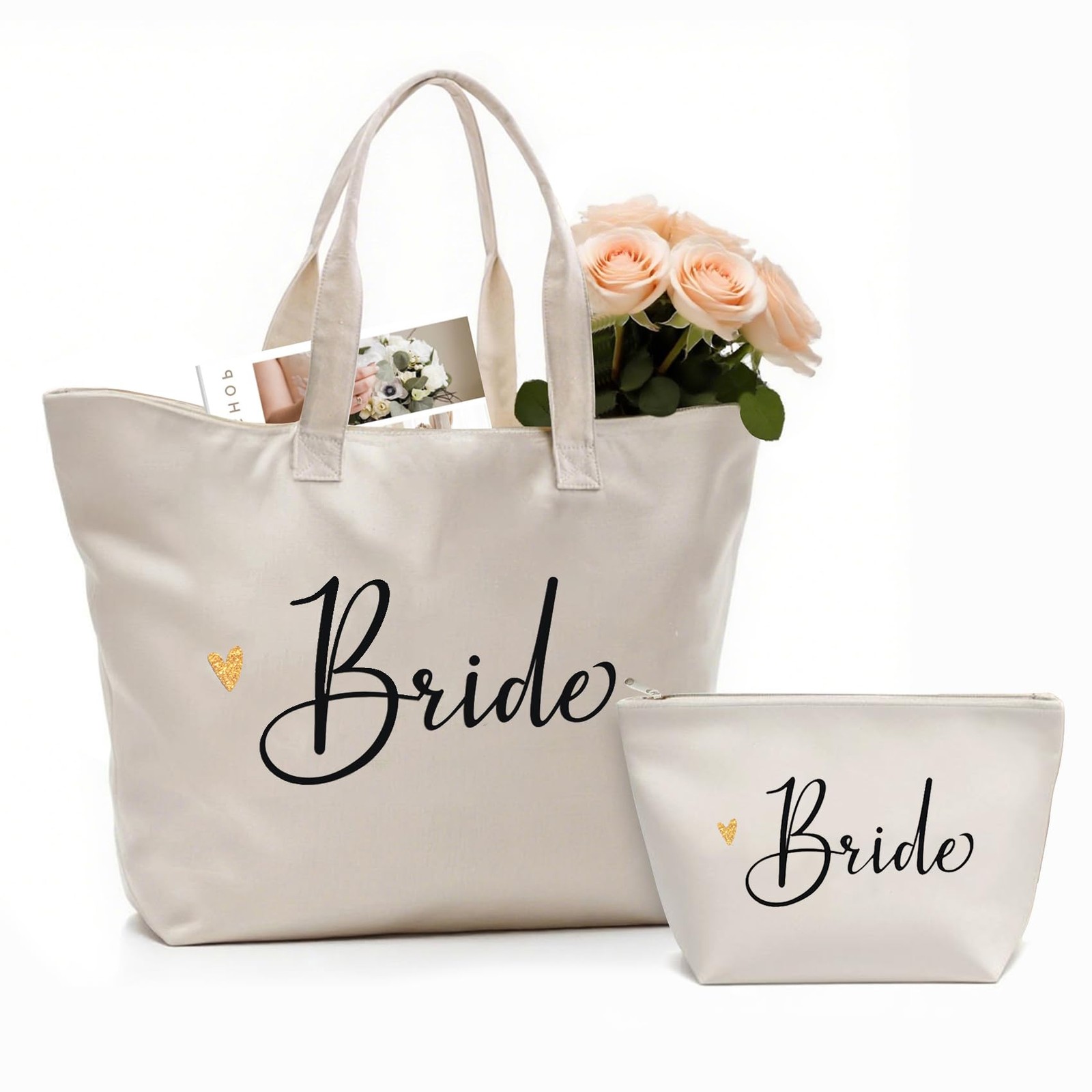 Bridal Canvas Tote Bag 2Pcs, Bachelorette, Engagement Gifts, Beach, Zip Pockets