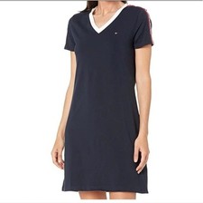 Tommy Hilfiger Navy V-Neck T-Shirt Dress w/Signature Shoulder Stripes LARGE
