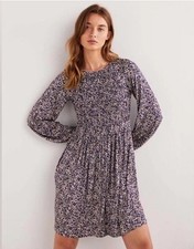 Boden Smocked Bodice Jersey Dress Pockets Persian Blue Leaf Cluster Sz 4R Boho