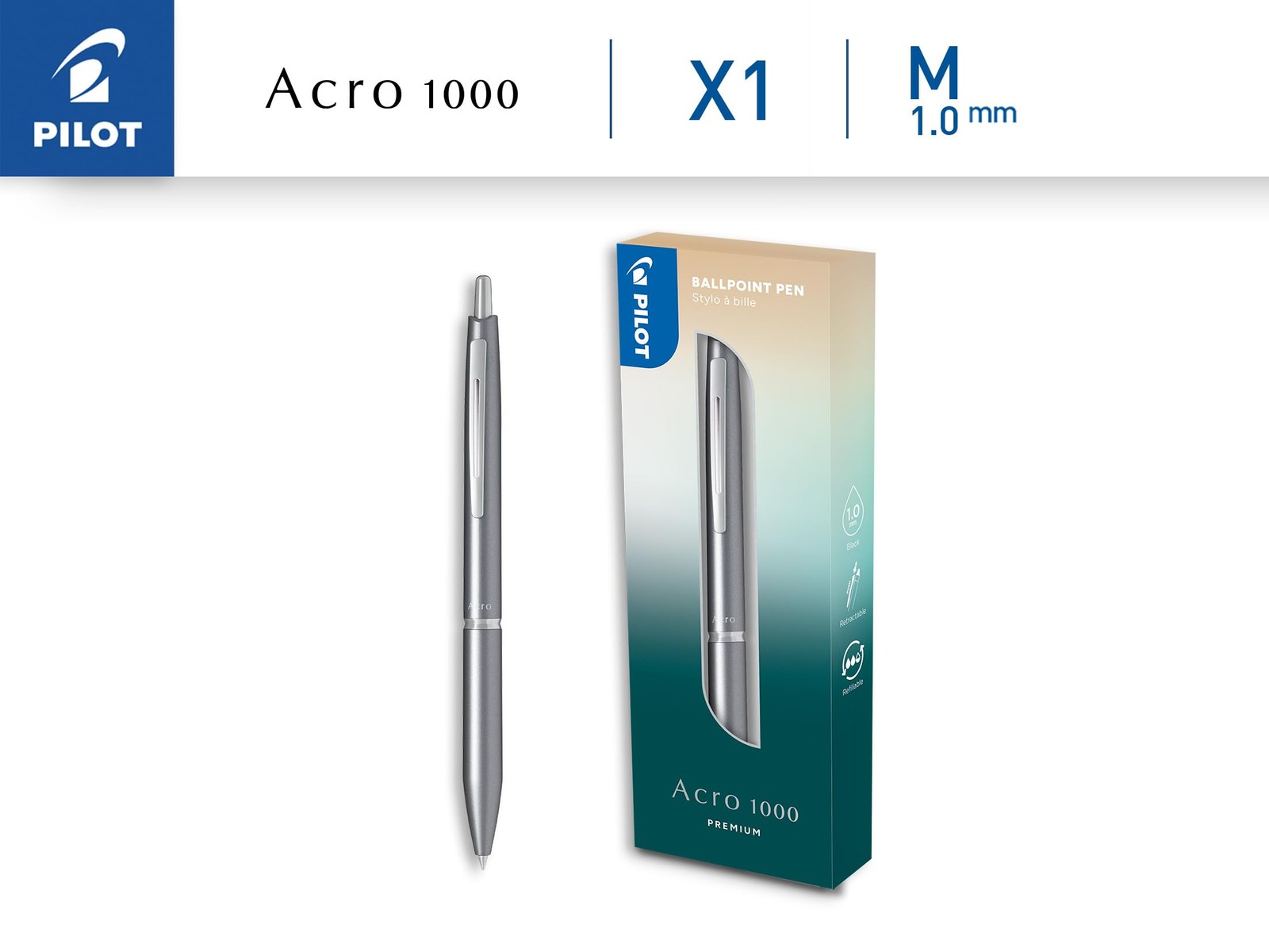 Stylo bille premium Acro 1000 argenté rétractable métallique
