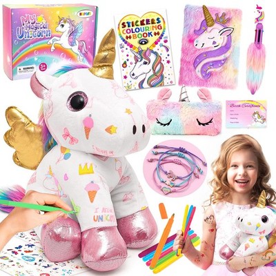 Unicorn Plush and Coloring Book Gift Set, Arts and Crafts Soft DIY Doodle Dol...