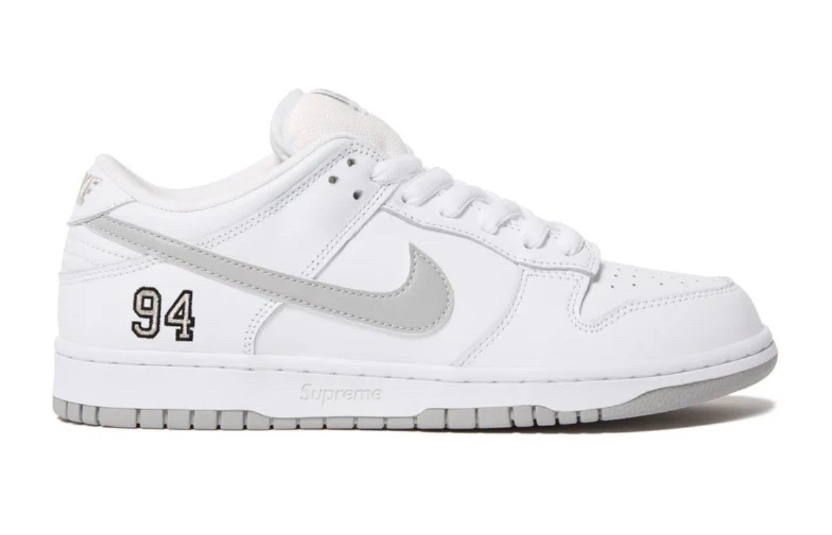 Supreme x Nike Dunk SB Low White Metallic Silver for Sale Supreme x Nike Dunk SB Low White Metallic Silver for Sale