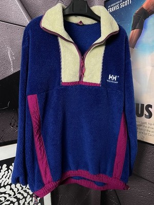 Helly Hansen Vintage Fleece Pullover 1/2 Zip Blue Cream Colorblock Mens Size L