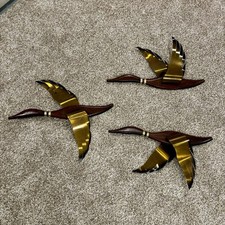 Set of 3 ✨MCM Flying Ducks Vintage Wall Decor Wood Brass Retro 1960s Mid Century