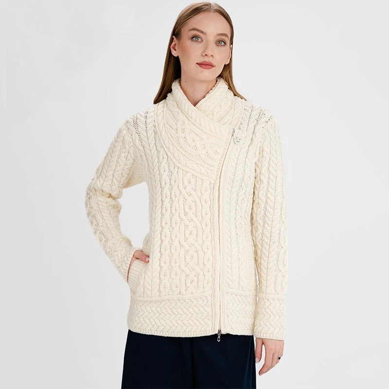 SAOL 100% Merino Wool Cable Knitted Cardigan Women's Irish Aran Zipper Jacket