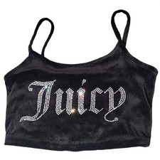 Juicy Couture Black Velour Rhinestone Logo Crop Top Cami Small Y2K McBling
