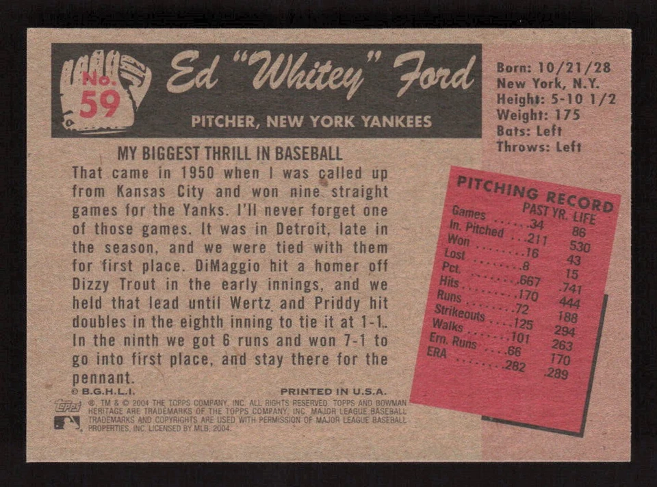 Whitey Ford 2004 Bowman Heritage #59 New York Yankees - Image 2 of 2