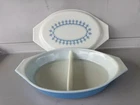 Vintage Pyrex Snowflake Garland Divided Casserole Dish Lid Blue 1 Quart