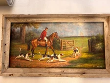 English Fox Hunt- Hand Painted Oil Painting 12 x 24 Signed Unstretched Unframed