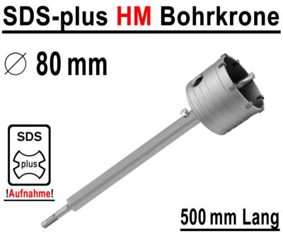 SDS-plus HM Bohrkrone Ø 80mm x 500mm Dosenbohrer Kernbohrer Hartmetall Lochsäge