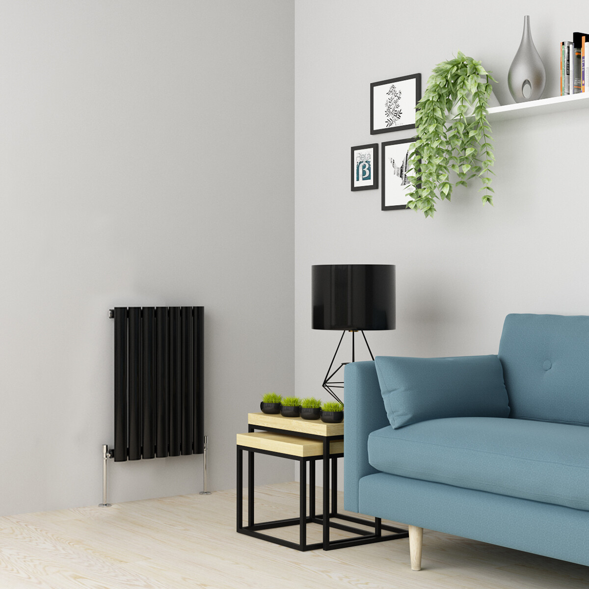 Horizontal Designer Radiator Oval Flat Panel Single Black 600x414mm