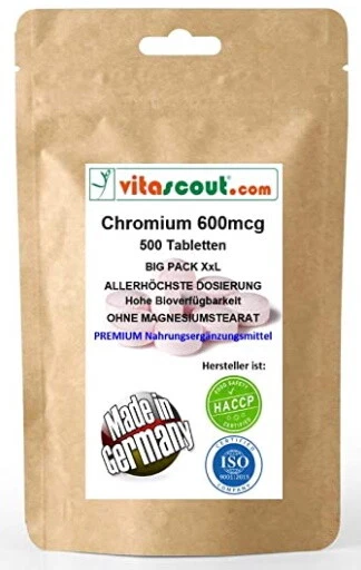 VITASCOUT.COM Chromium Picolinate 600mcg PRO TABLETTE, 500 Tabletten - L A B O R G E P R Ü F T