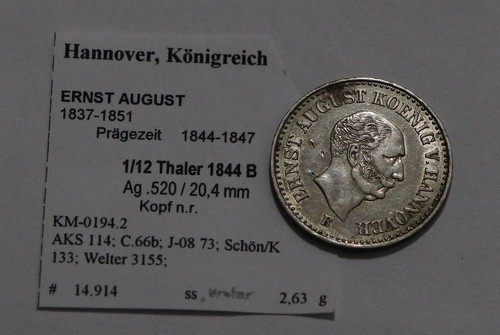 🧠🇩🇪 GERMANY HANNOVER 1/12 THALER 1844 B SILVER SHARP DETAILS B79 #Z8827