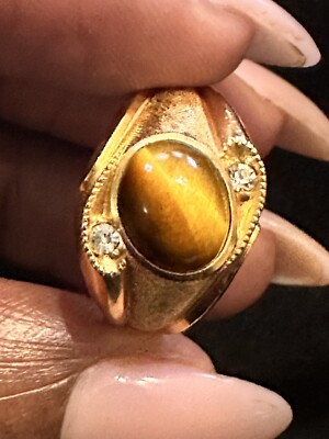 10K Yellow Gold filled Tiger Eye With Diamond Accent Size Ring