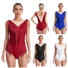 Womens Bodysuit Dance Unitards Gymnastics Leotards Ballet Tops Rhinestone Mesh