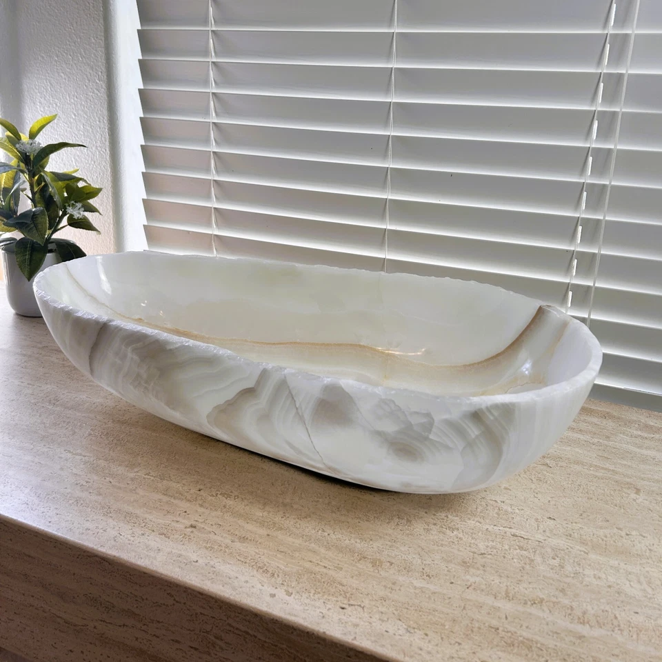 CUENCO TALLADO A MANO DE ÓNIX BLANCO 23" | Cuenco grande para barco de piedra de ónix - BELB23 Foto 2 de 4