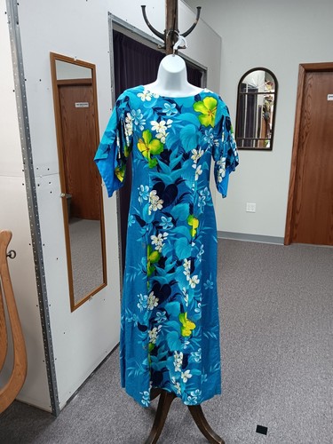 VTG 60s / 70s Sears Hawaiian Fashions Maxi Dress Blue Green Florals - 第 1/6 張圖片