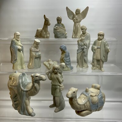 Vintage Nativity 12 Pc Set Elegant Glazed Neutral Aesthetic Camels Donkey Angel