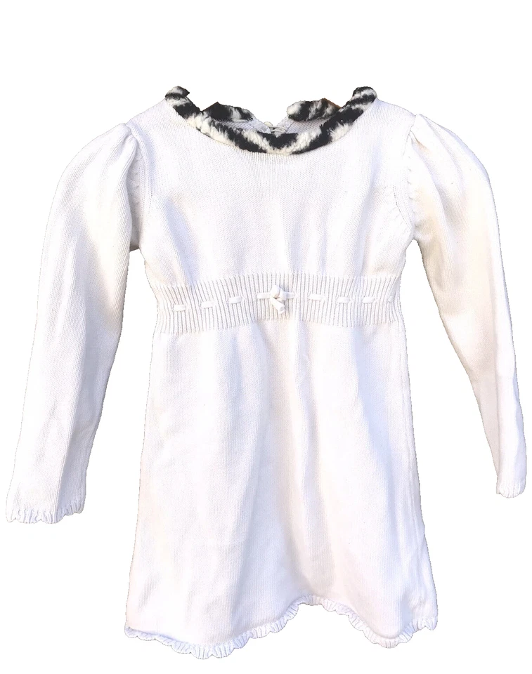 GYMBOREE Girls Size 6 Knit Sweater Dress Beige Long Sleeve Fur Trim — 第 2/4 张图片