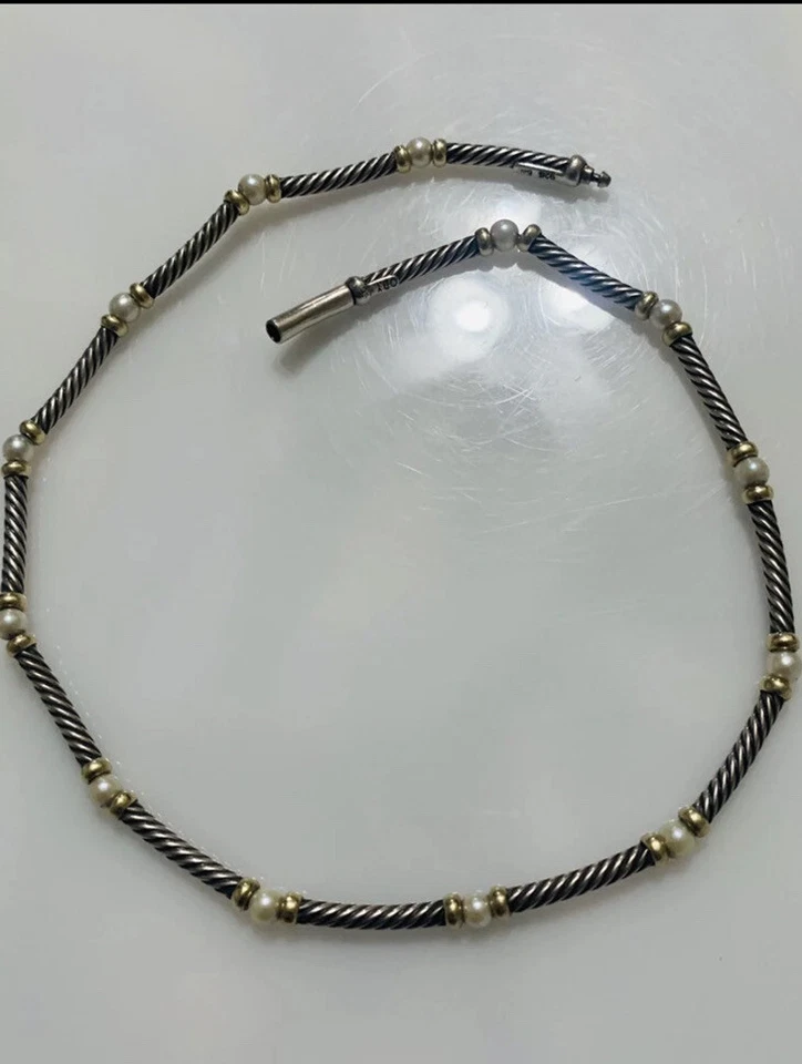Collar de cable clásico estación de perlas David Yurman en oro amarillo y plata de 14 K Foto 2 de 4