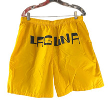 Vintage Yellow Laguna Swim Trunks Blue Spellout Drawstring Lined Shorts Men Sz X