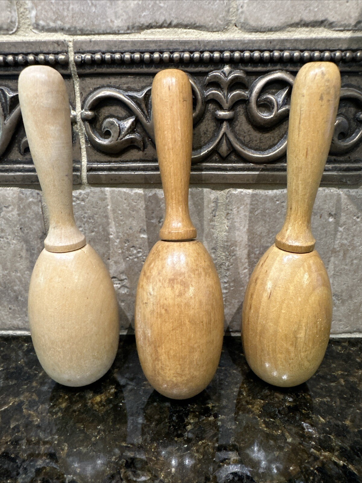 LOT of 3 VINTAGE WOODEN EGG SHAPED SOCK DARNING REPAIR TOOLS