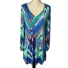 Lily Dress Womens Large Blue Teal Shift Pullover V Neck Long Sleeve