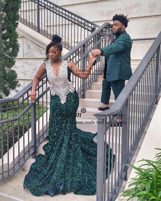 Green Sequins Mermaid Prom Dress 2024 Black Girls Crystal Rhinestone Party  Gown