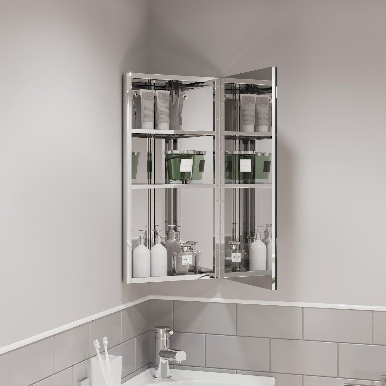 White Gloss Wall Hung Corner Bathroom Cabinet With Single Mirrored Door ...