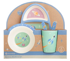 Kids Bamboo Space Mealtime 5 Piece Set Plate Cup Bowl Plate Spoon Fork NEW