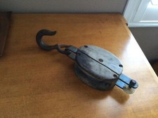 Antique 15.5? Wooden Cast Iron Pulley w Hook primitive Decor
