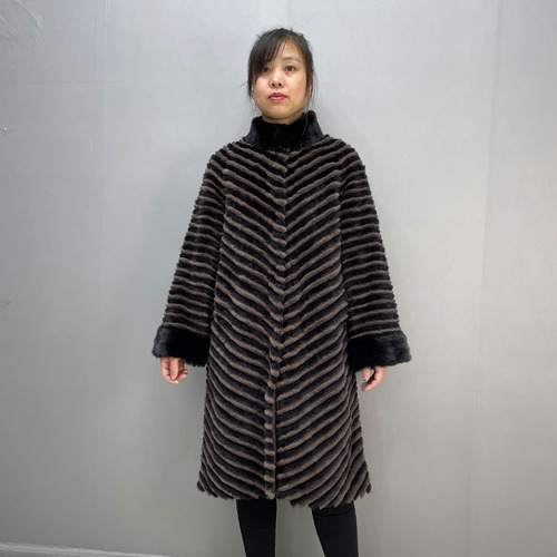Winter Mink Fur Rabbit Coat Stand Collar Striped Plus Size Overcoat for Women