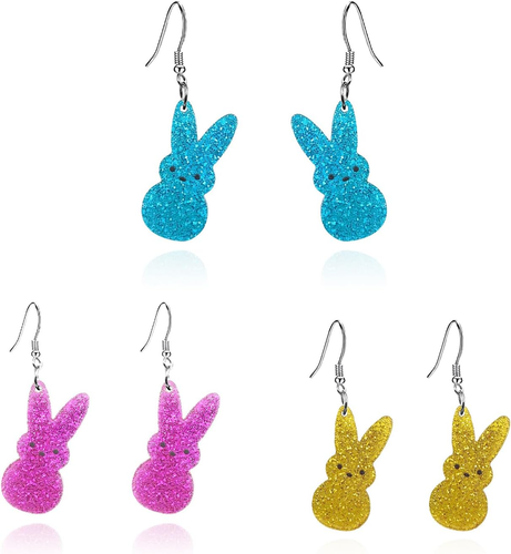 Easter Bunny Earrings for Women,Cute 3 Pairs Colorful Rabbit Dangle Earrings Gli