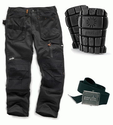 SCRUFFS Trade 3d Work Trousers 30-40 Waist 30 32 34 Leg BLACK KNEEPADS & BELT