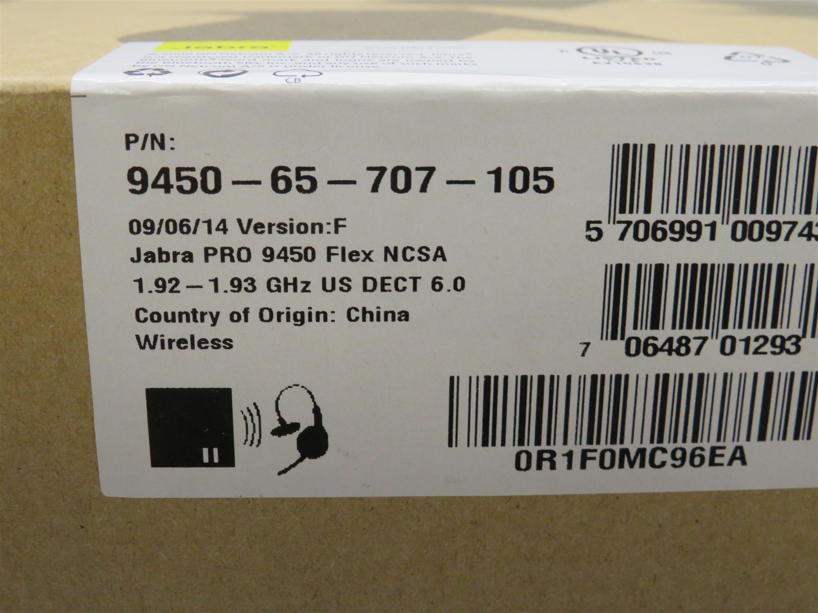 Open Box Jabra PRO 9450 Flex Wireless Mono-Headset 9450-65-707-105 w Base Cables