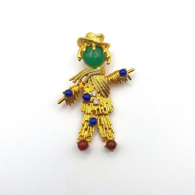 JBK Camrose & Kross Scarecrow Brooch Gold Tone Green Cabochon Crystal Accent